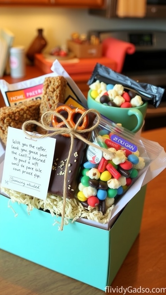 Gift box filled with delicious homemade snacks including granola bars, chocolate pretzels, and popcorn.